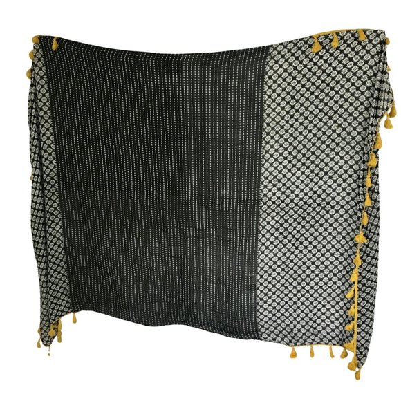 Black White Geometric Striped Yellow Tasseled Wide Long Scarf Wrap Cover Up - Picture 9 of 16